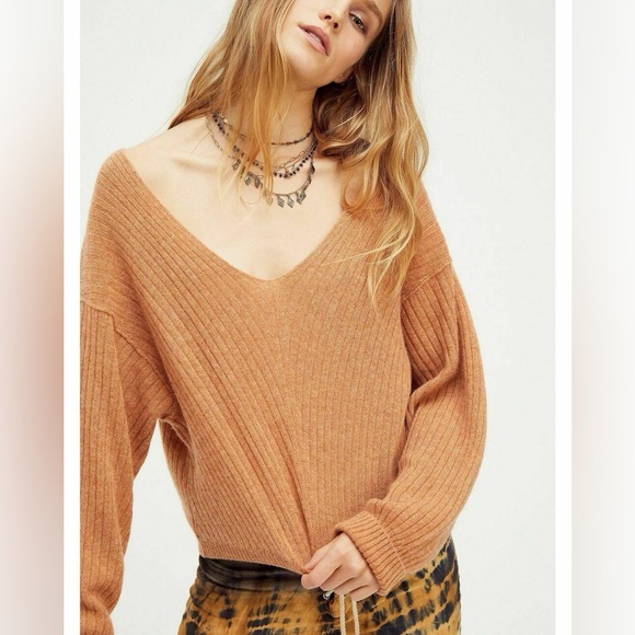 Free People ELIAS Cashmere V Neck Sweater - Cinnamon (Burnt Orange) XS - Picture 2 of 13